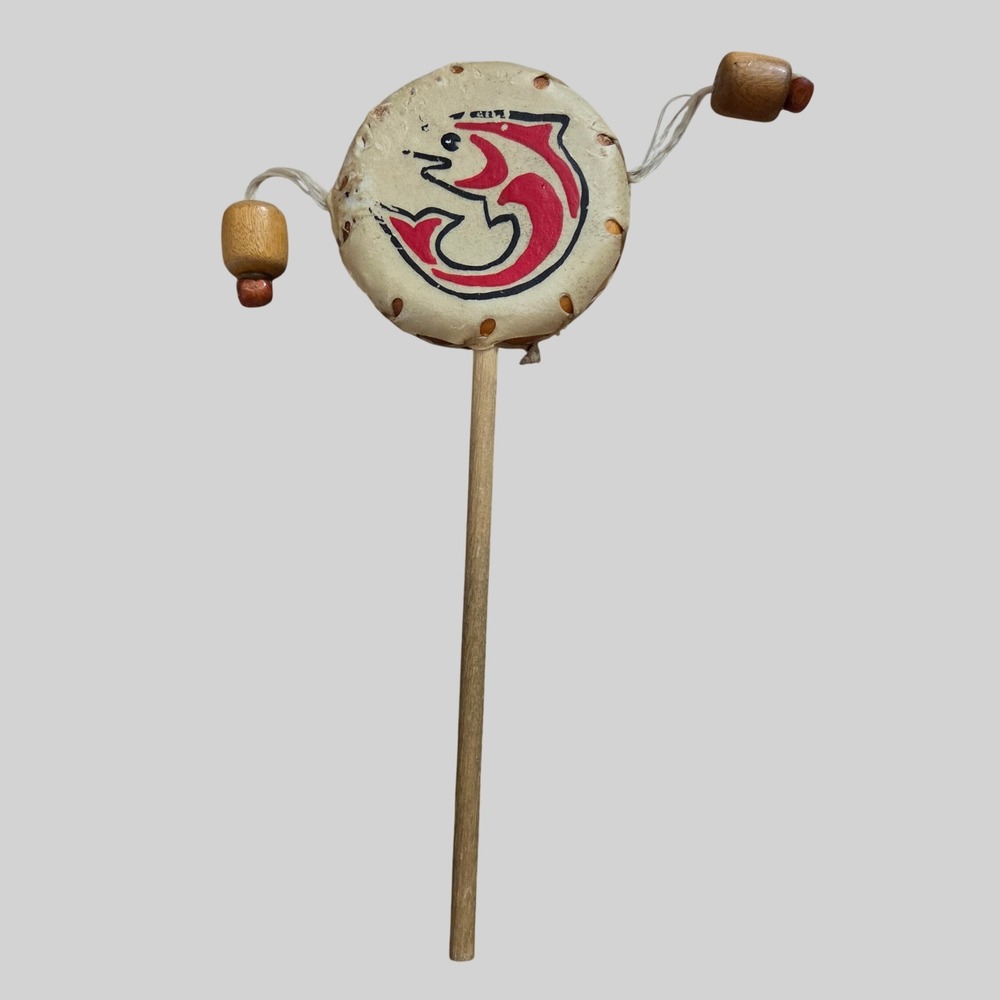 Vintage Handheld Spin Drum Hand Painted Fish Design Wood Rawhide Folk Art Toy